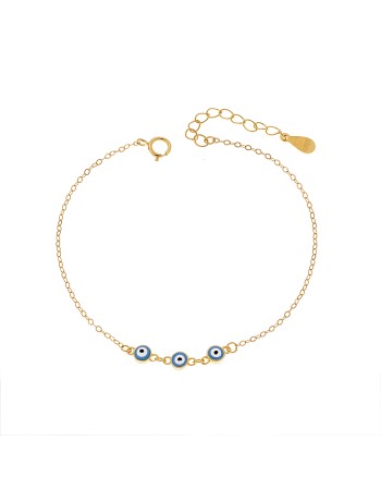 Βραχιόλι Senza Silver 925, επιχρυσωμένο τριπλό γαλάζιο ματάκι με σμάλτο - SSR3275GLB