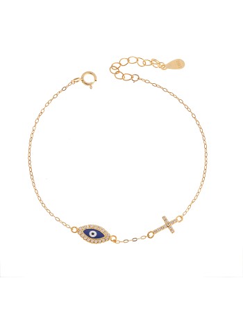 Βραχιόλι Senza Silver 925, επιχρυσωμένο μάτι μπλε και σταυρός με ζιργκόν - SSR3280GD