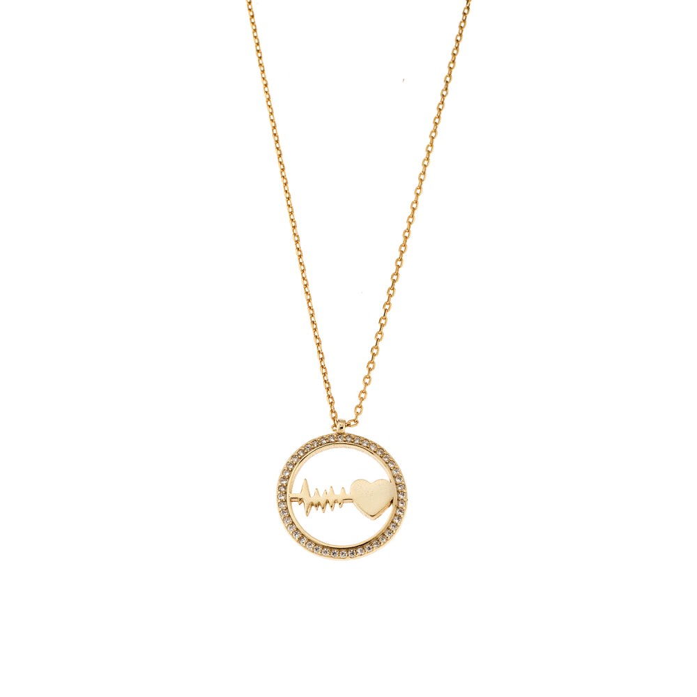 Κολιέ Senza από επιχρυσωμένο ασήμι 925, κύκλος με καρδιά-καρδιογράφημα & λευκά ζιργκόν - SSR3328GD