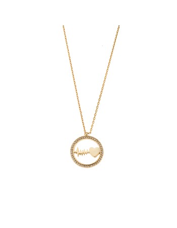 Κολιέ Senza από επιχρυσωμένο ασήμι 925, κύκλος με καρδιά-καρδιογράφημα & λευκά ζιργκόν - SSR3328GD