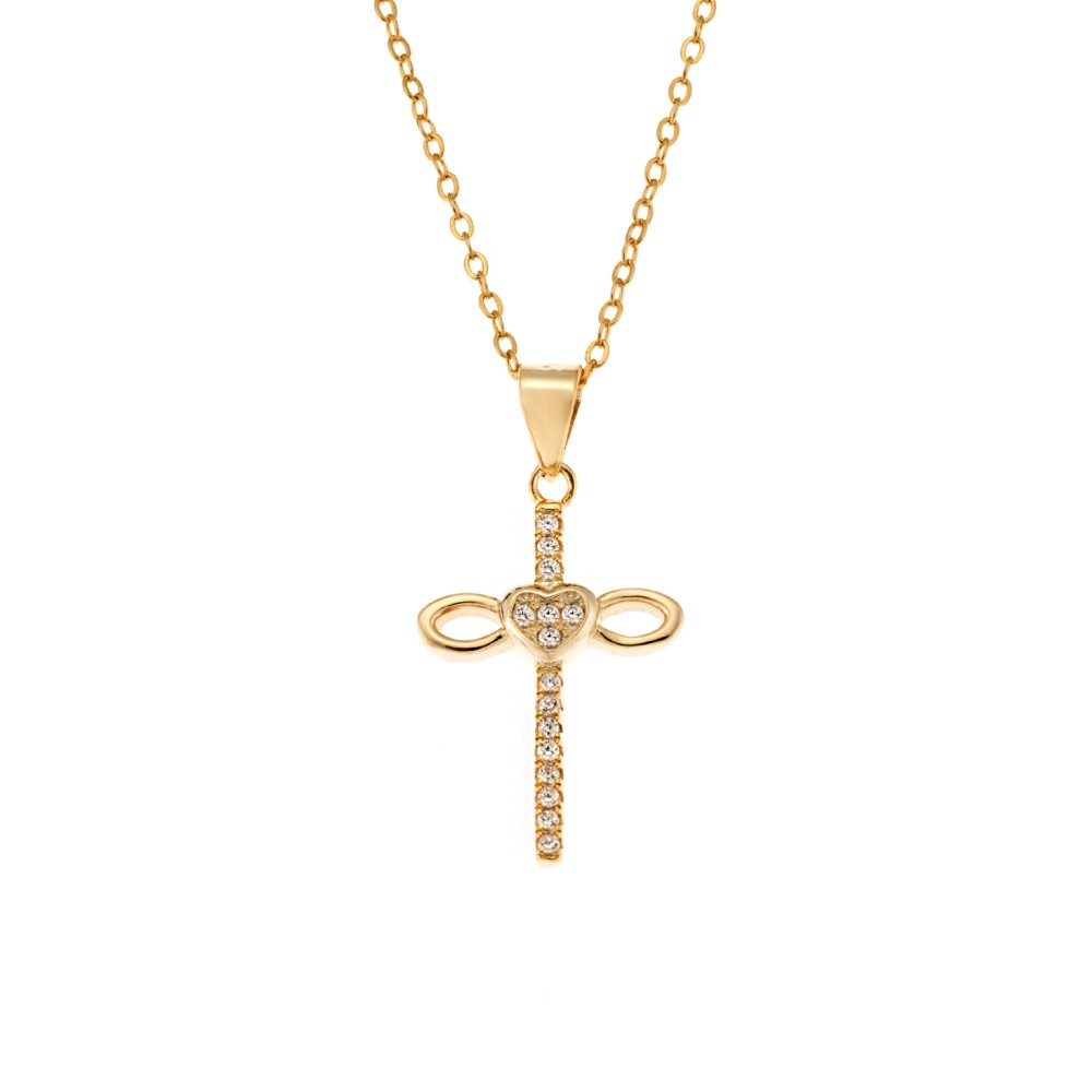 Μοτίφ Senza από επιχρυσωμένο ασήμι 925, σταυρουδάκι με καρδούλα και λευκά ζιργκόν - SSR3362GD