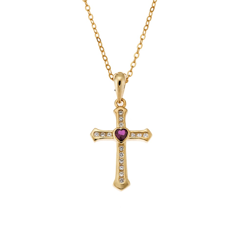 Μοτίφ Senza από επιχρυσωμένο ασήμι 925, σταυρουδάκι με φούξια καρδούλα και λευκά ζιργκόν - SSR3363GF