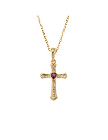 Μοτίφ Senza από επιχρυσωμένο ασήμι 925, σταυρουδάκι με φούξια καρδούλα και λευκά ζιργκόν - SSR3363GF