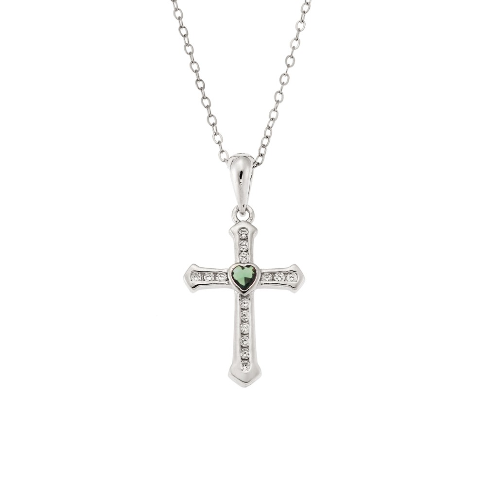 Μοτίφ Senza από ασήμι 925, σταυρουδάκι με πράσινη καρδούλα και λευκά ζιργκόν - SSR3363SGN