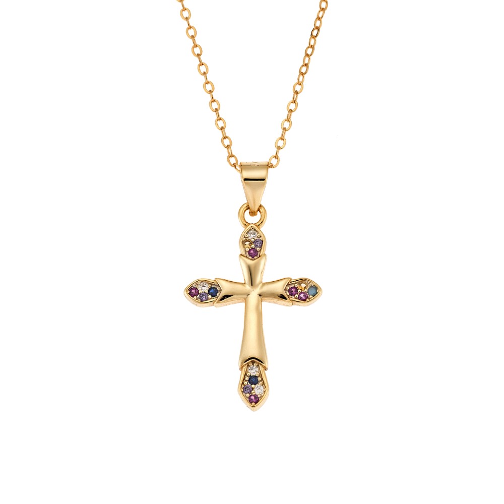 Μοτίφ Senza από επιχρυσωμένο ασήμι 925, σταυρουδάκι με πολύχρωμα  ζιργκόν - SSR3366GMU