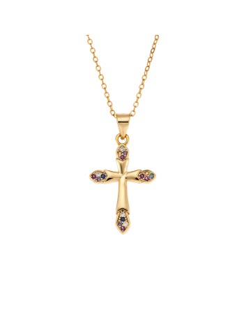 Μοτίφ Senza από επιχρυσωμένο ασήμι 925, σταυρουδάκι με πολύχρωμα  ζιργκόν - SSR3366GMU