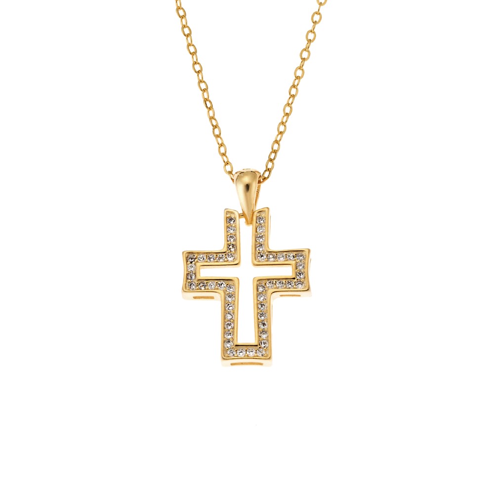 Μοτίφ Senza από επιχρυσωμένο ασήμι 925, σταυρός με λευκά ζιργκόν - SSR3372GD