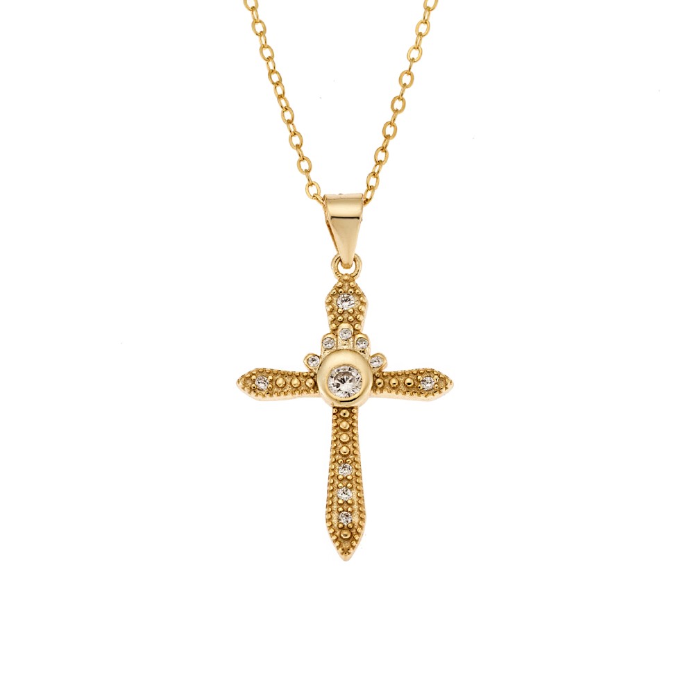 Μοτίφ Senza από επιχρυσωμένο ασήμι 925, σταυρός με λευκά ζιργκόν - SSR3373GD
