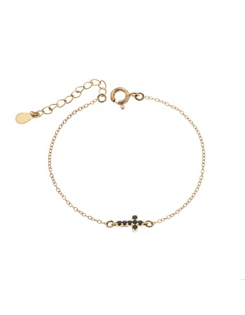 Βραχιόλι Senza Silver 925 Gold Plated, σταυρός με μαύρα & λευκά ζιργκόν διπλής όψης - SSR3382GBK