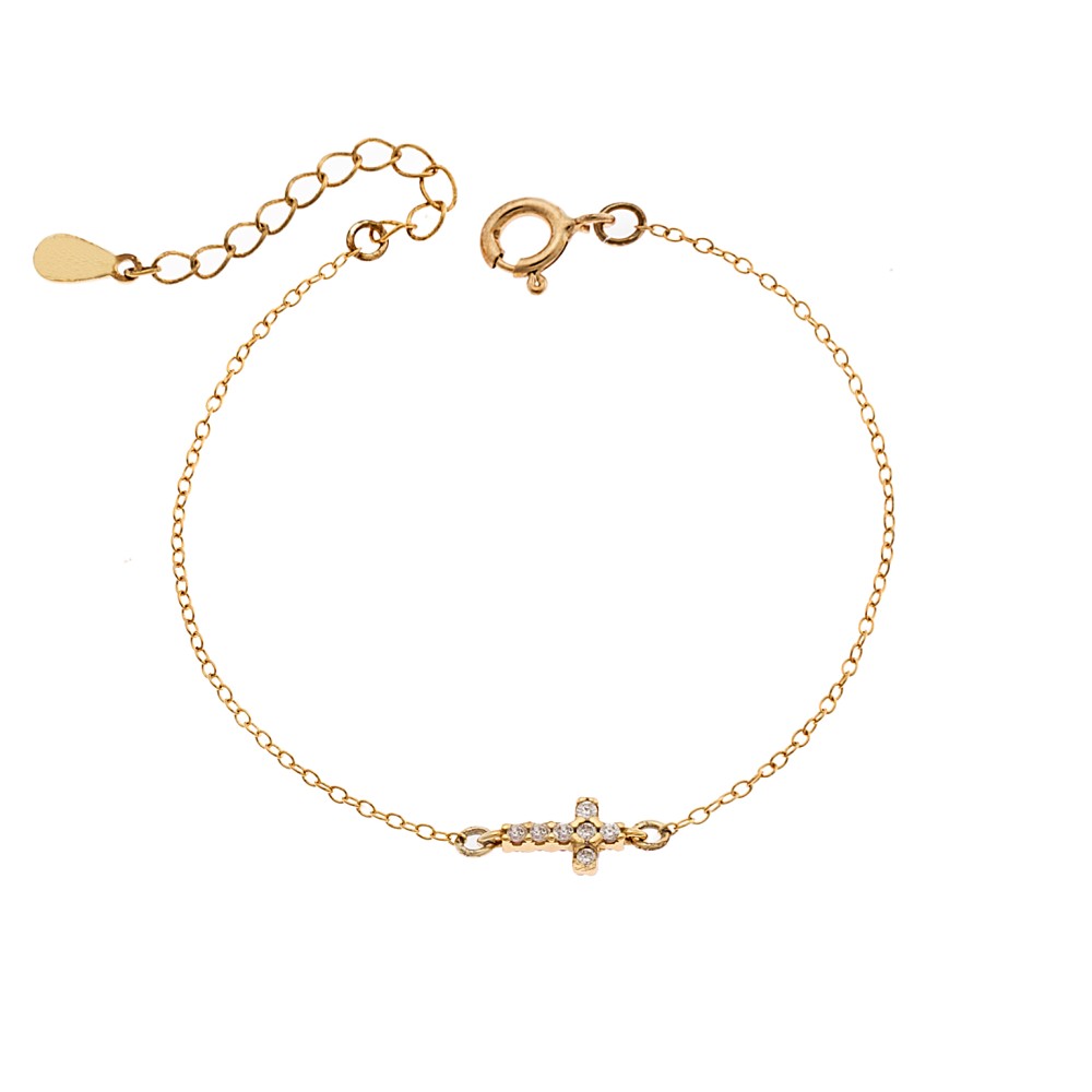 Βραχιόλι Senza Silver 925 Gold Plated, σταυρός με φούξια & λευκά ζιργκόν διπλής όψης - SSR3382GF