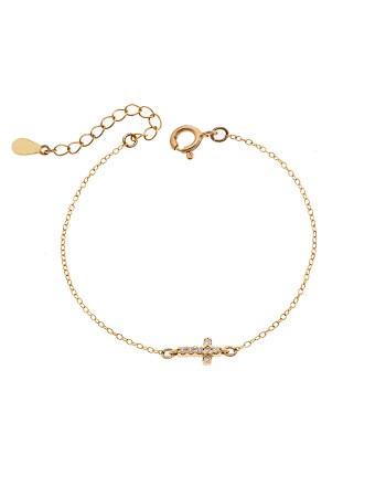 Βραχιόλι Senza Silver 925 Gold Plated, σταυρός με φούξια & λευκά ζιργκόν διπλής όψης - SSR3382GF