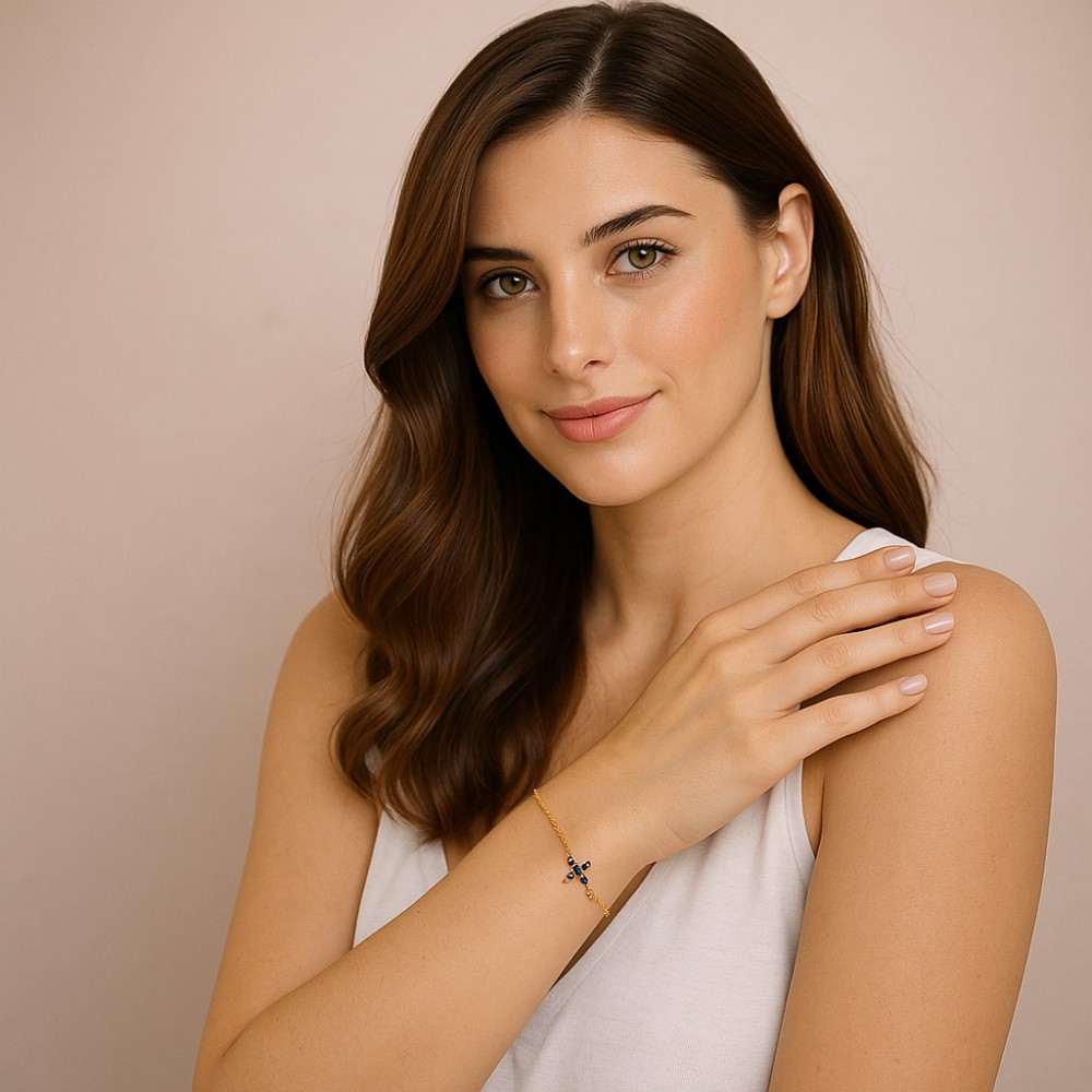 Βραχιόλι Senza Silver 925 Gold Plated, σταυρός με ζιργκόν διπλής όψης - SSR3382GLB