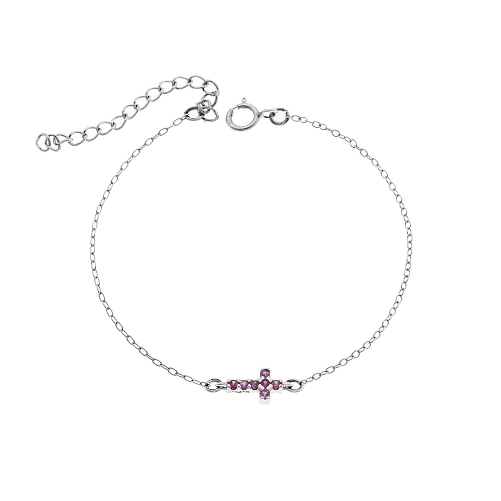 Βραχιόλι Senza Silver 925, σταυρός με ροζ & λευκά ζιργκόν διπλής όψης - SSR3382SPK