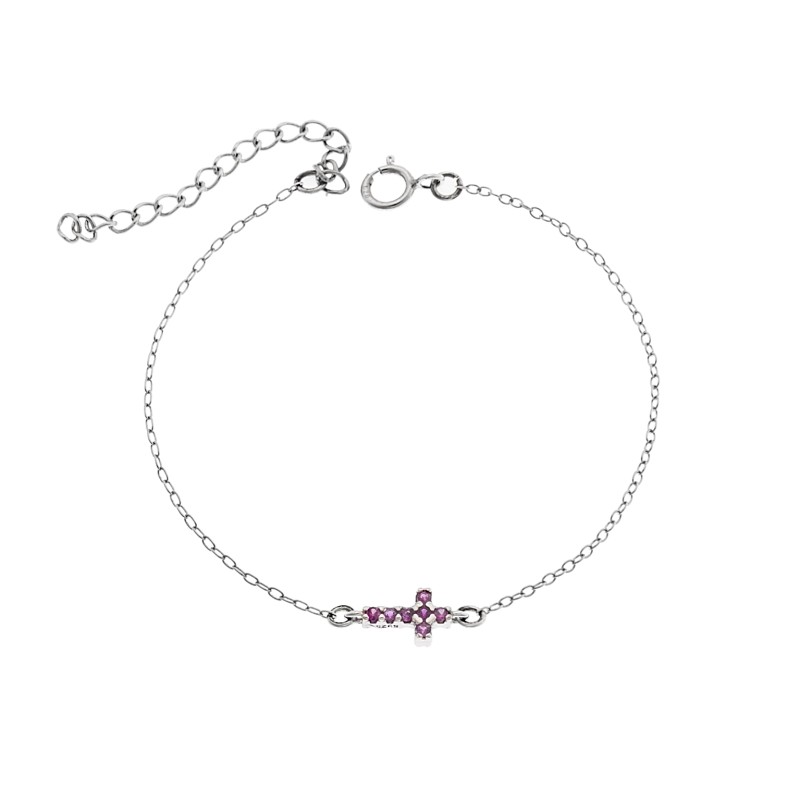 Βραχιόλι Senza Silver 925, σταυρός με ροζ & λευκά ζιργκόν διπλής όψης - SSR3382SPK