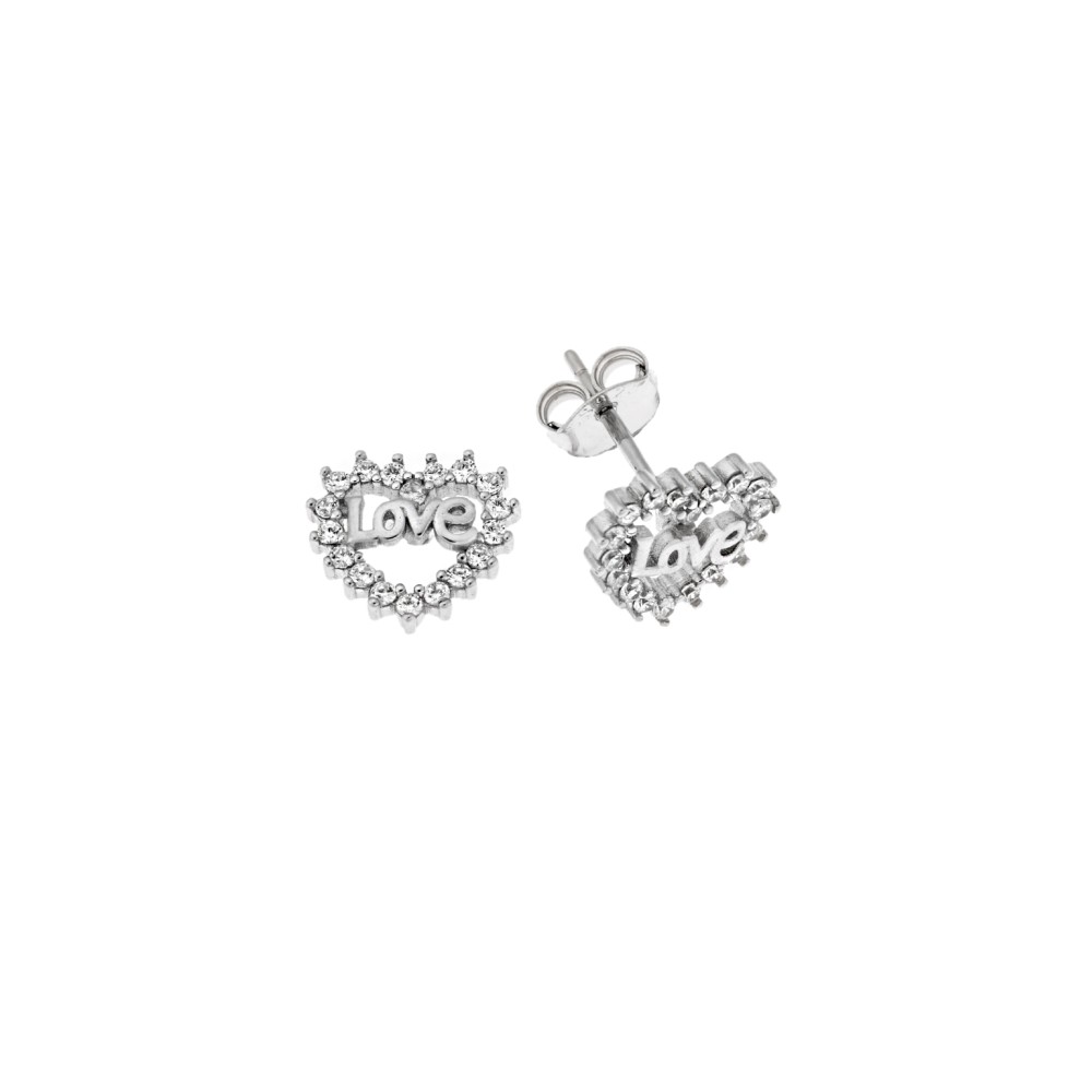 Σκουλαρίκια Senza ασήμι 925, καρδούλα με λευκά ζιργκόν & Love - SSR3391SR