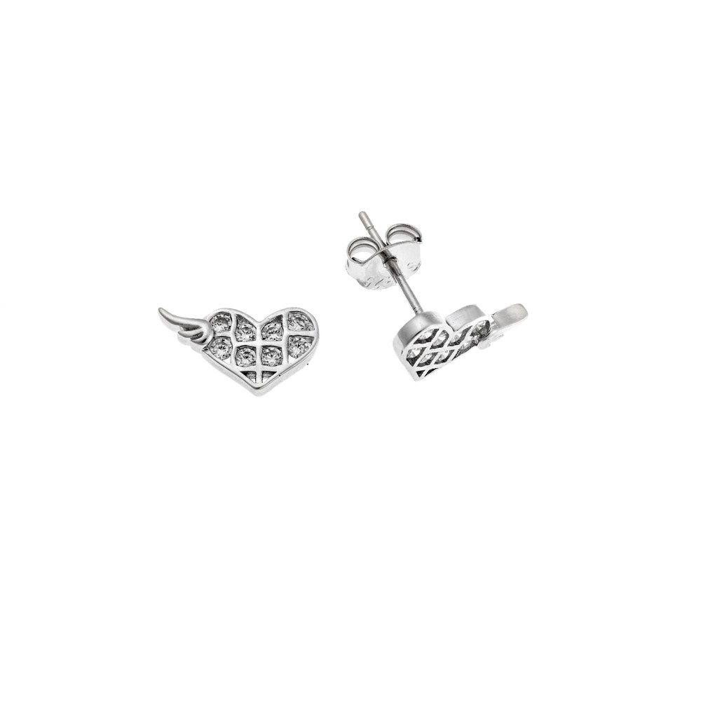 Σκουλαρίκια Senza ασήμι 925, καρδιά με λευκά ζιργκόν & φτερό - SSR3411SR