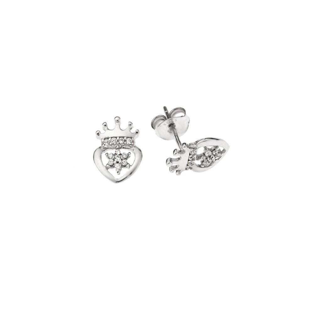 Σκουλαρίκια Senza ασήμι 925, καρδιά με αστεράκι & κορώνα με λευκά ζιργκόν - SSR3430SR