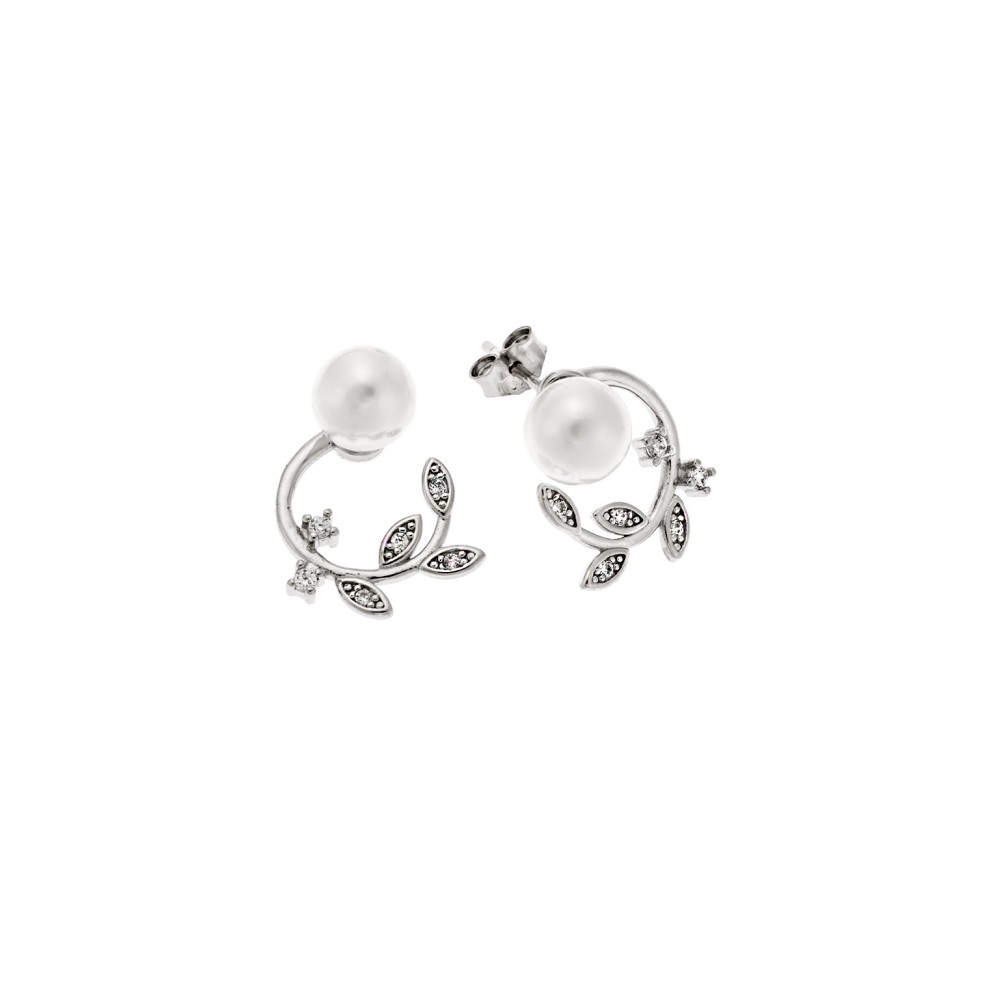 Σκουλαρίκια Senza ασήμι 925, κλαδάκι με λευκά ζιργκόν και πέρλα - SSR3521SR