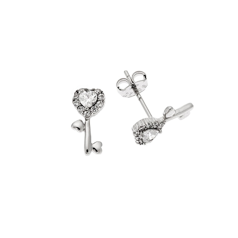 Σκουλαρίκια Senza ασήμι 925, κλειδί με καρδιά και λευκά ζιργκόν - SSR3535SR