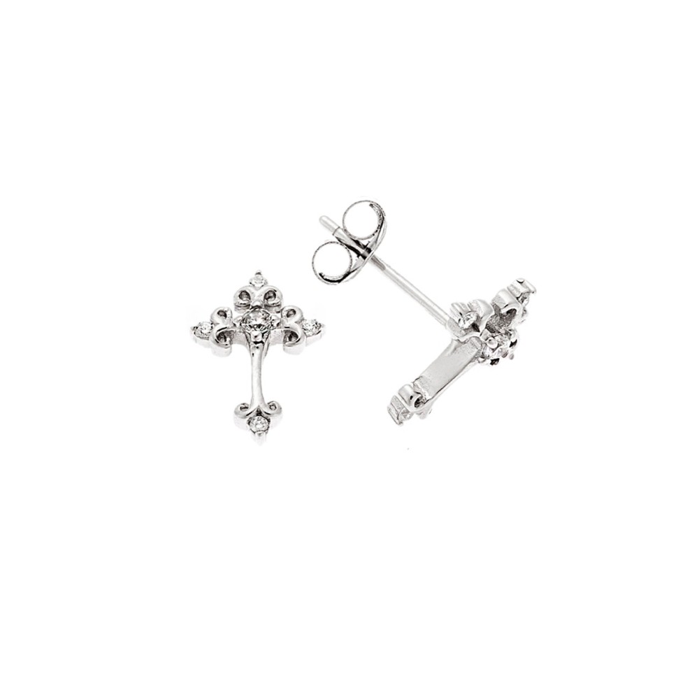 Σκουλαρίκια Senza ασήμι 925, σταυρός με λευκά ζιργκόν - SSR3543SR