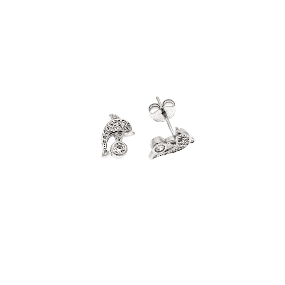 Σκουλαρίκια Senza ασήμι 925, δελφινάκι με λευκά ζιργκόν - SSR3553SR