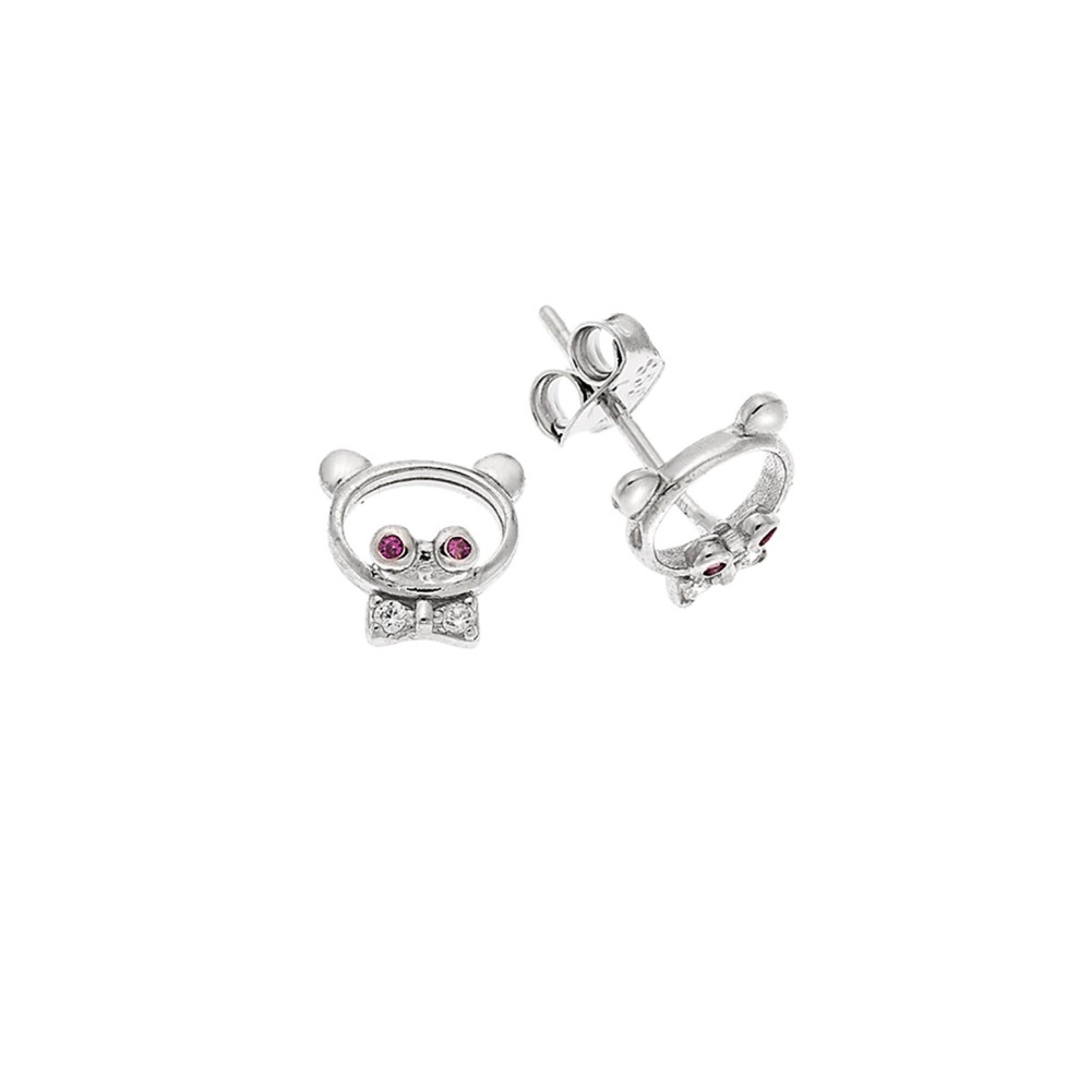 Σκουλαρίκια Senza ασήμι 925, αρκουδάκι με ροζ μάτια και λευκά ζιργκόν - SSR3559SPK