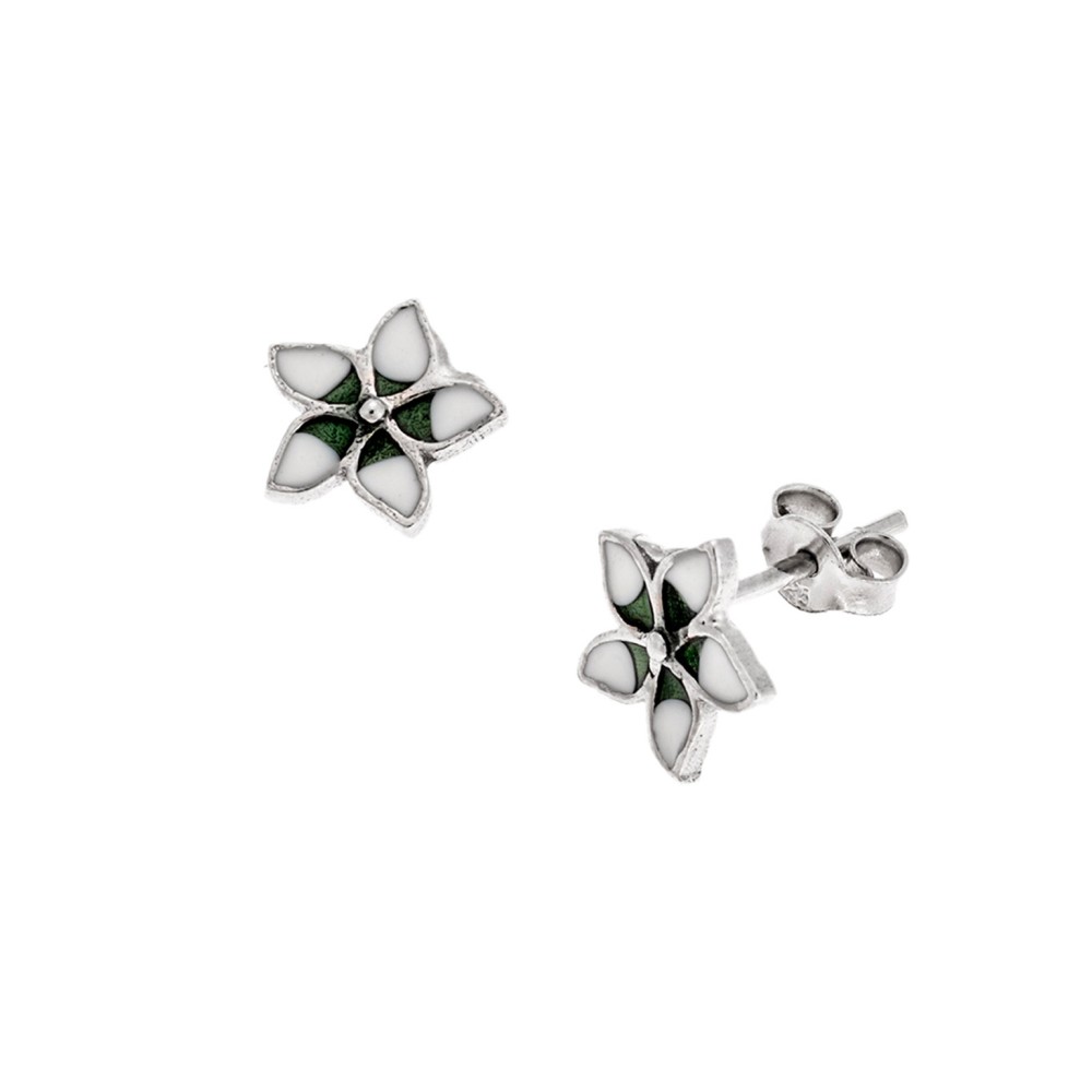 Σκουλαρίκια Senza από ασήμι 925, με πράσινο-λευκό λουλούδι - SSR3731SGN