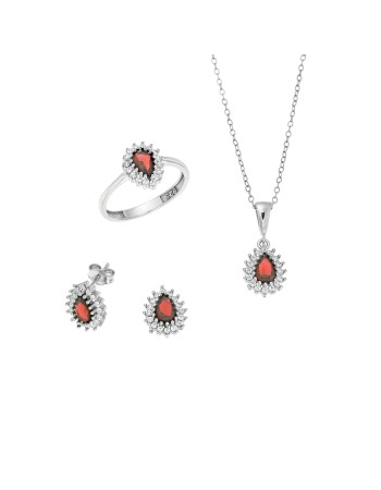 Σετ Γυναικείο Senza από ασήμι 925, Μοτίφ, σκουλαρίκια και δαχτυλίδι με κόκκινα ζιργκόν - SSR3755SRD