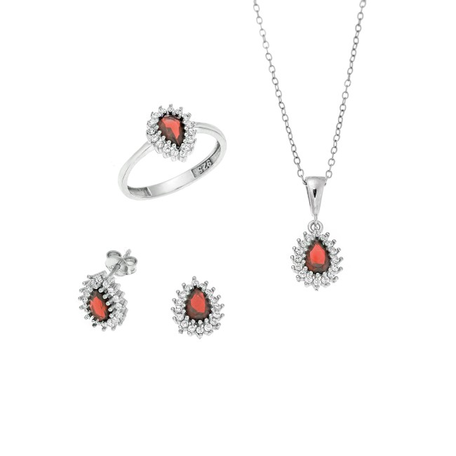 Σετ Γυναικείο Senza από ασήμι 925, Μοτίφ, σκουλαρίκια και δαχτυλίδι με κόκκινα ζιργκόν - SSR3755SRD