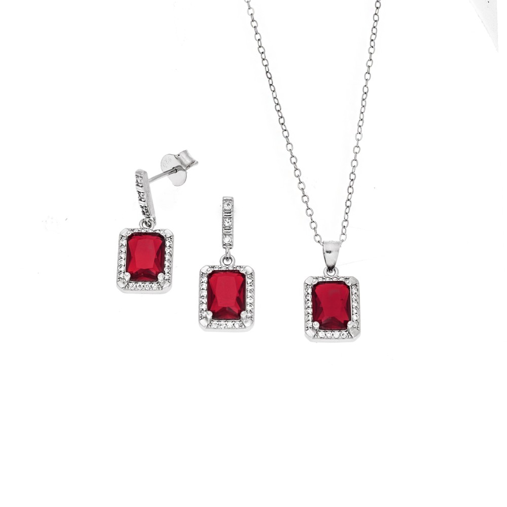 Σετ Γυναικείο Senza από ασήμι 925, Μοτίφ και σκουλαρίκια με κόκκινη πέτρα και λευκά ζιργκόν - SSR3782SRD