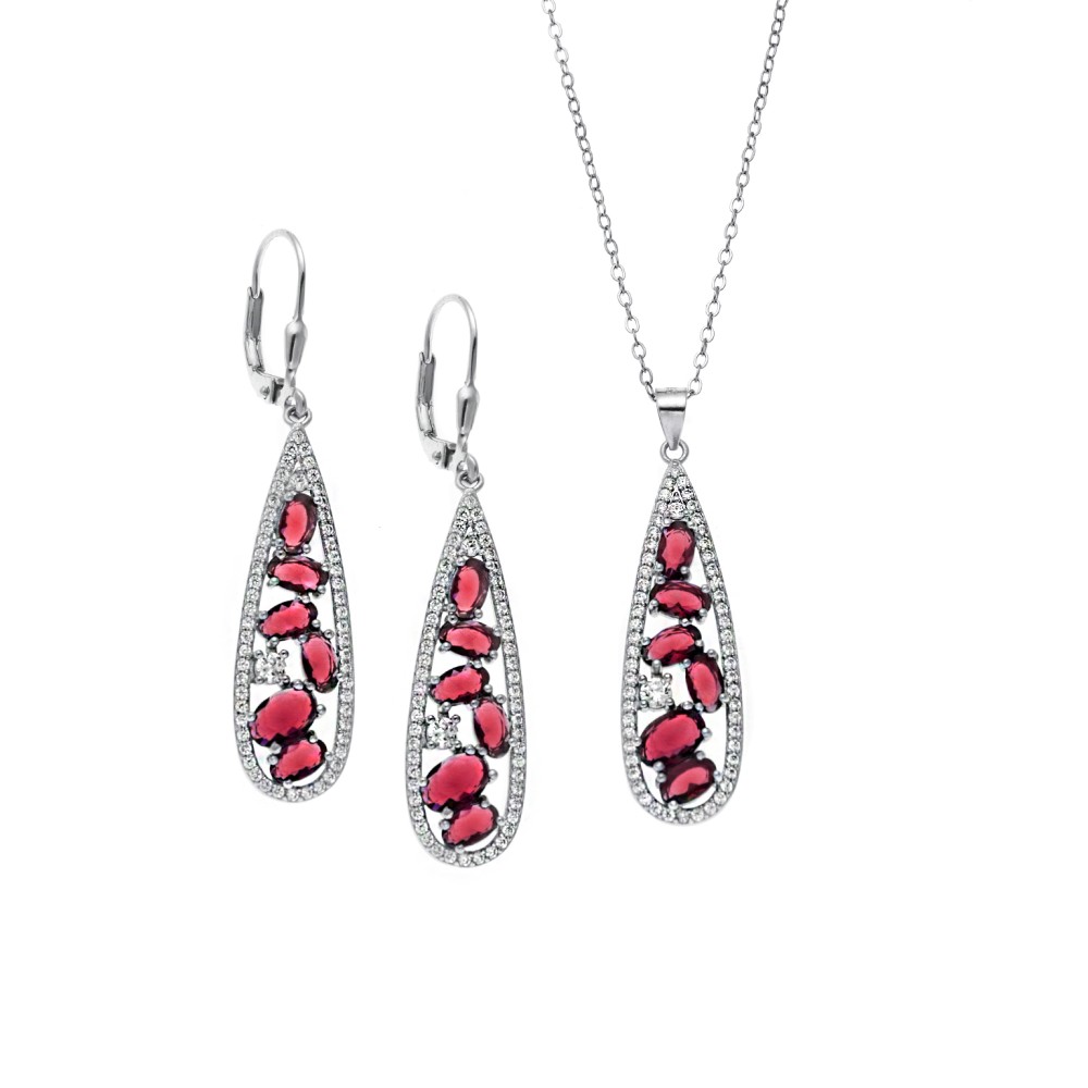 Σετ Γυναικείο Senza από ασήμι 925, Μοτίφ και σκουλαρίκια με κόκκινες πέτρες και λευκά ζιργκόν - SSR3786SRD