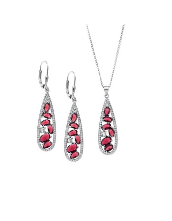 Σετ Γυναικείο Senza από ασήμι 925, Μοτίφ και σκουλαρίκια με κόκκινες πέτρες και λευκά ζιργκόν - SSR3786SRD