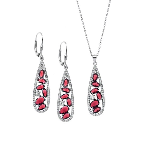 Σετ Γυναικείο Senza από ασήμι 925, Μοτίφ και σκουλαρίκια με κόκκινες πέτρες και λευκά ζιργκόν - SSR3786SRD