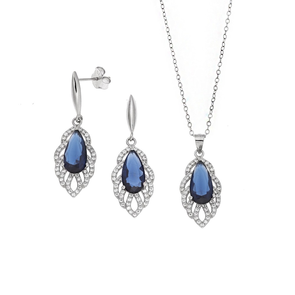 Σετ Γυναικείο Senza από ασήμι 925, Μοτίφ και σκουλαρίκια με μπλε πέτρες και λευκά ζιργκόν - SSR3787SBL