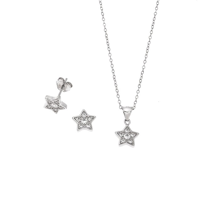 Σετ Γυναικείο Senza από ασήμι 925, Μοτίφ και σκουλαρίκια με αστέρι και λευκά ζιργκόν - SSR3807SR