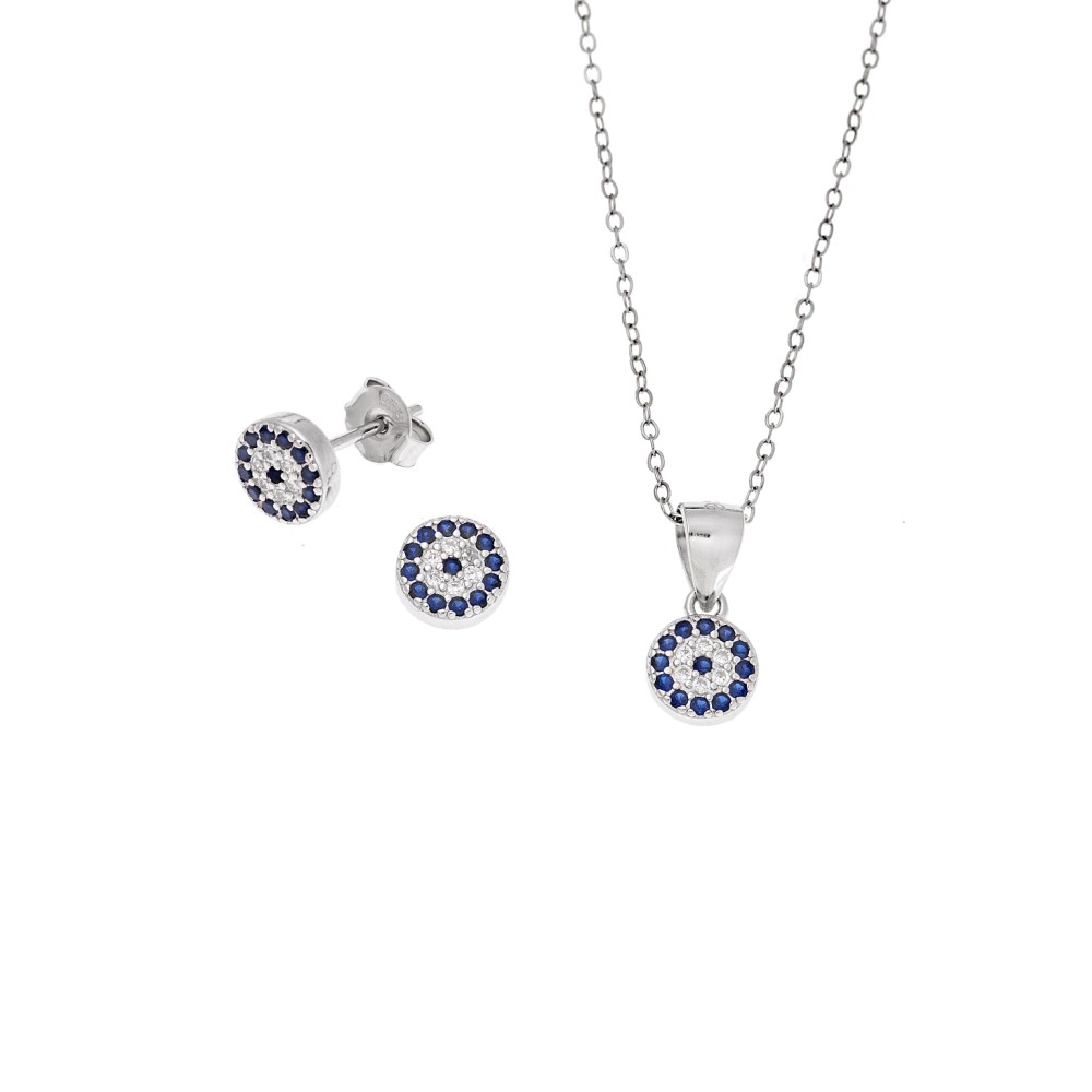 Σετ Γυναικείο Senza από ασήμι 925, Μοτίφ και σκουλαρίκια με μπλε μάτι και λευκά ζιργκόν - SSR3808SR