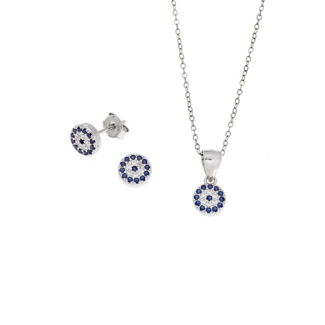 Σετ Γυναικείο Senza από ασήμι 925, Μοτίφ και σκουλαρίκια με μπλε μάτι και λευκά ζιργκόν - SSR3808SR