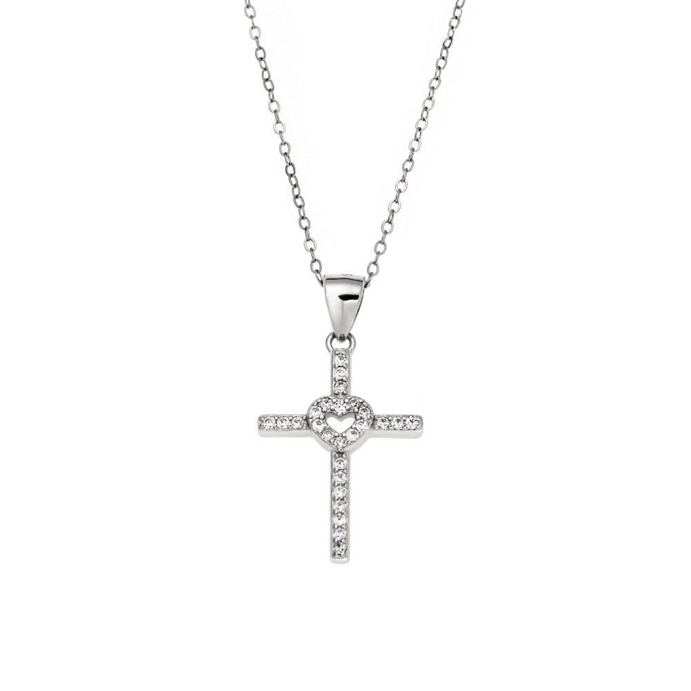 Μοτίφ Senza από ασήμι 925, Σταυρός με καρδιά και λευκά ζιργκόν - SSR3831SR