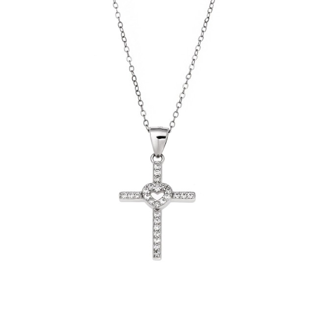 Μοτίφ Senza από ασήμι 925, Σταυρός με καρδιά και λευκά ζιργκόν - SSR3831SR