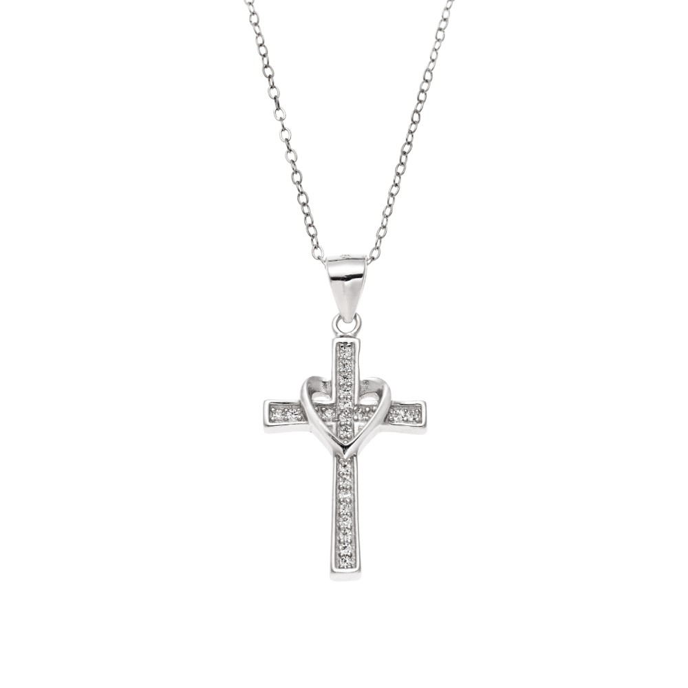 Μοτίφ Senza από ασήμι 925, Σταυρός με καρδιά και λευκά ζιργκόν - SSR3832SR