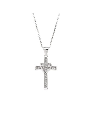 Μοτίφ Senza από ασήμι 925, Σταυρός με καρδιά και λευκά ζιργκόν - SSR3832SR