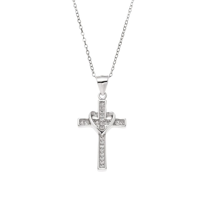 Μοτίφ Senza από ασήμι 925, Σταυρός με καρδιά και λευκά ζιργκόν - SSR3832SR