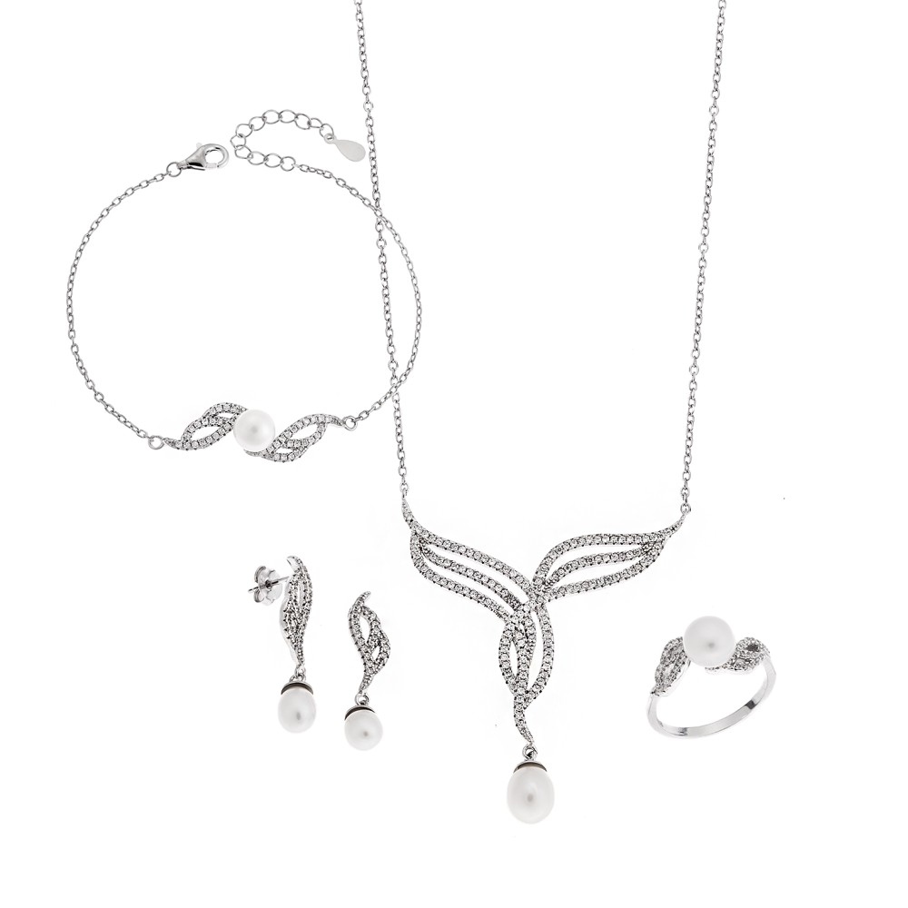 Σετ Γυναικείο Senza από ασήμι 925, Κολιέ, βραχιόλι, δαχτυλίδι και σκουλαρίκια με μαργαριτάρι - SSR3852SR