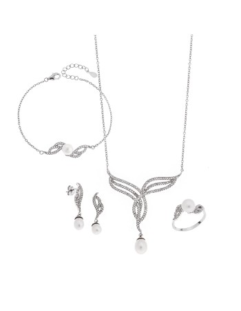 Σετ Γυναικείο Senza από ασήμι 925, Κολιέ, βραχιόλι, δαχτυλίδι και σκουλαρίκια με μαργαριτάρι - SSR3852SR