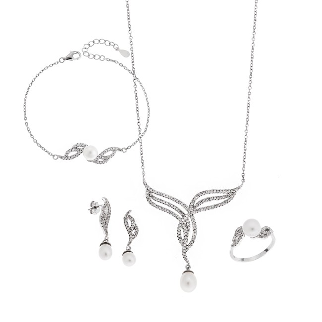 Σετ Γυναικείο Senza από ασήμι 925, Κολιέ, βραχιόλι, δαχτυλίδι και σκουλαρίκια με μαργαριτάρι - SSR3852SR