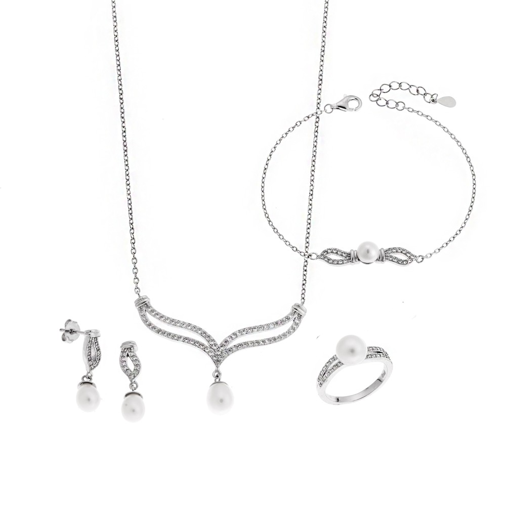 Σετ Γυναικείο Senza από ασήμι 925, Κολιέ, βραχιόλι, δαχτυλίδι και σκουλαρίκια με μαργαριτάρι - SSR3853SR