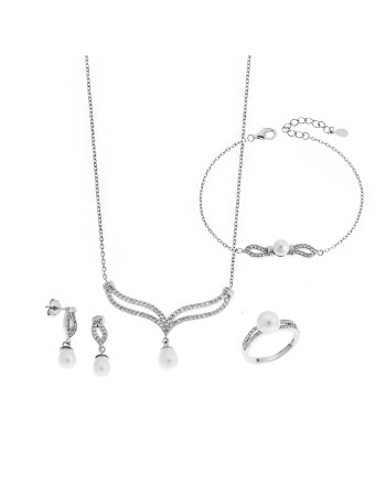 Σετ Γυναικείο Senza από ασήμι 925, Κολιέ, βραχιόλι, δαχτυλίδι και σκουλαρίκια με μαργαριτάρι - SSR3853SR