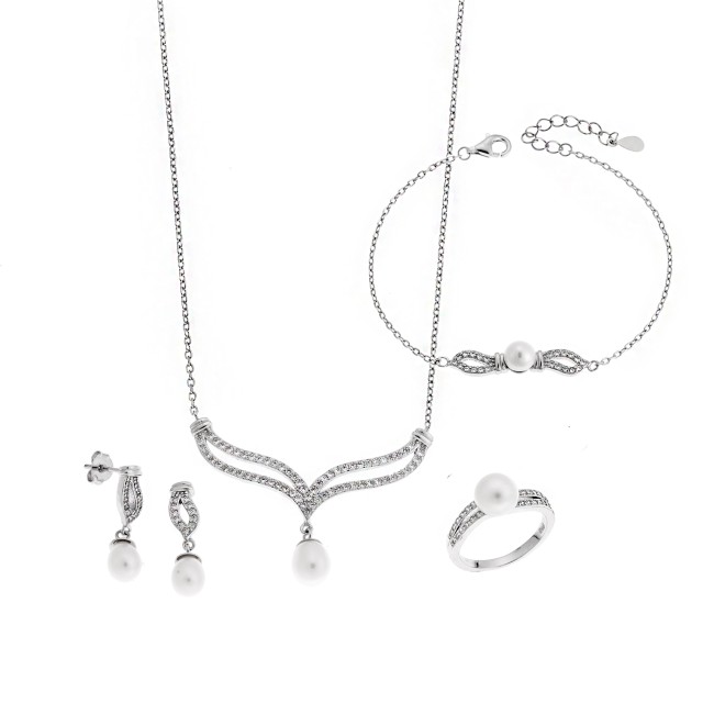 Σετ Γυναικείο Senza από ασήμι 925, Κολιέ, βραχιόλι, δαχτυλίδι και σκουλαρίκια με μαργαριτάρι - SSR3853SR