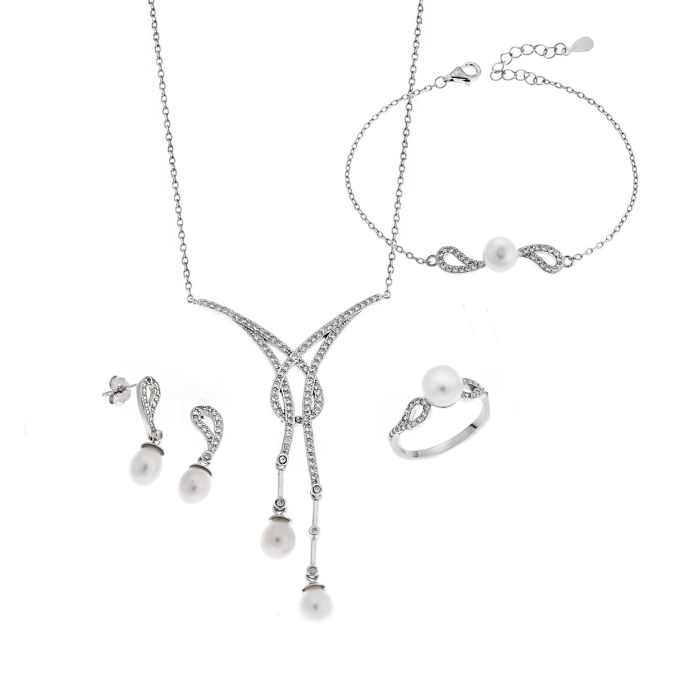Σετ Γυναικείο Senza από ασήμι 925, Κολιέ, βραχιόλι, δαχτυλίδι και σκουλαρίκια με μαργαριτάρι - SSR3854SR