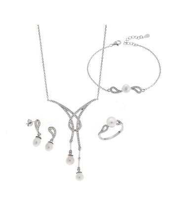 Σετ Γυναικείο Senza από ασήμι 925, Κολιέ, βραχιόλι, δαχτυλίδι και σκουλαρίκια με μαργαριτάρι - SSR3854SR